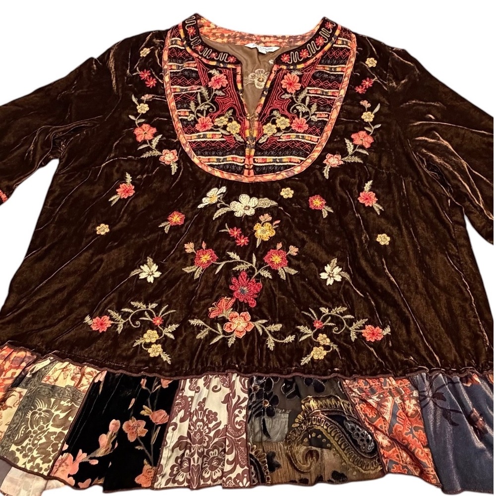 John Mark Top Womens Large Brown Velvet Floral Embroidered Patchwork Boho Tunic